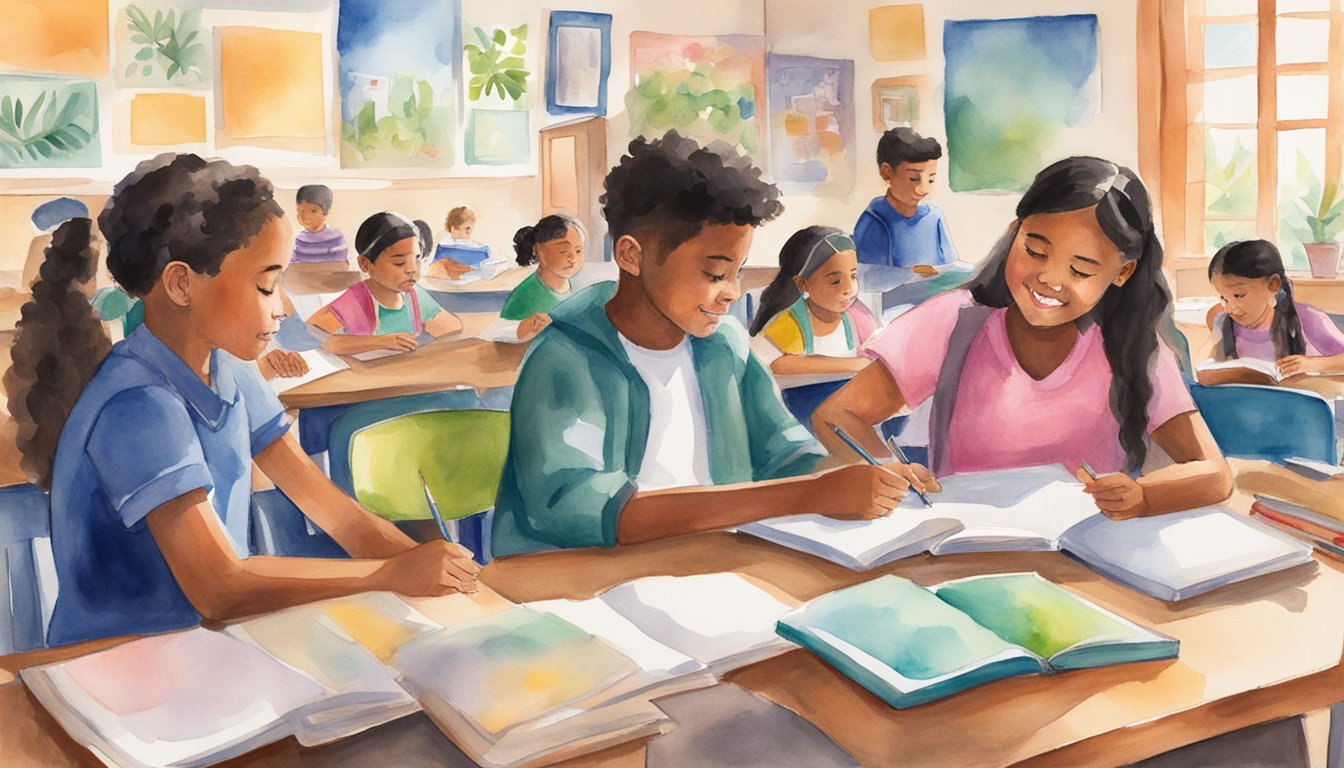 Students engaged in various activities: conversing, reading, and writing in Spanish.</p><p>Immersed in a vibrant classroom setting with colorful materials and cultural decor