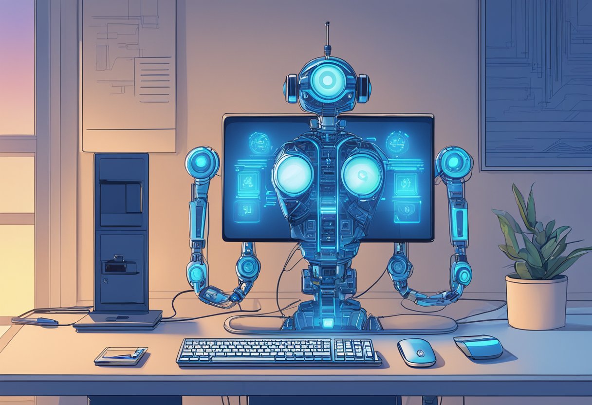 An AI reply bot sits on a desk, its screen glowing with blue light. Wires connect it to a keyboard and a monitor, while a digital clock on the wall shows the time