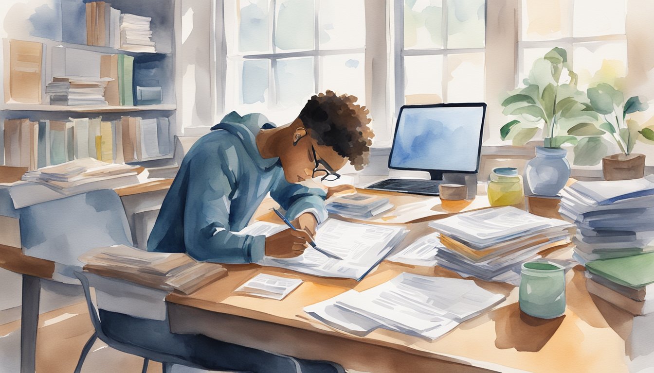 A student sits at a desk surrounded by paperwork, researching state aid programs.</p><p>A laptop and financial aid tips are scattered across the table