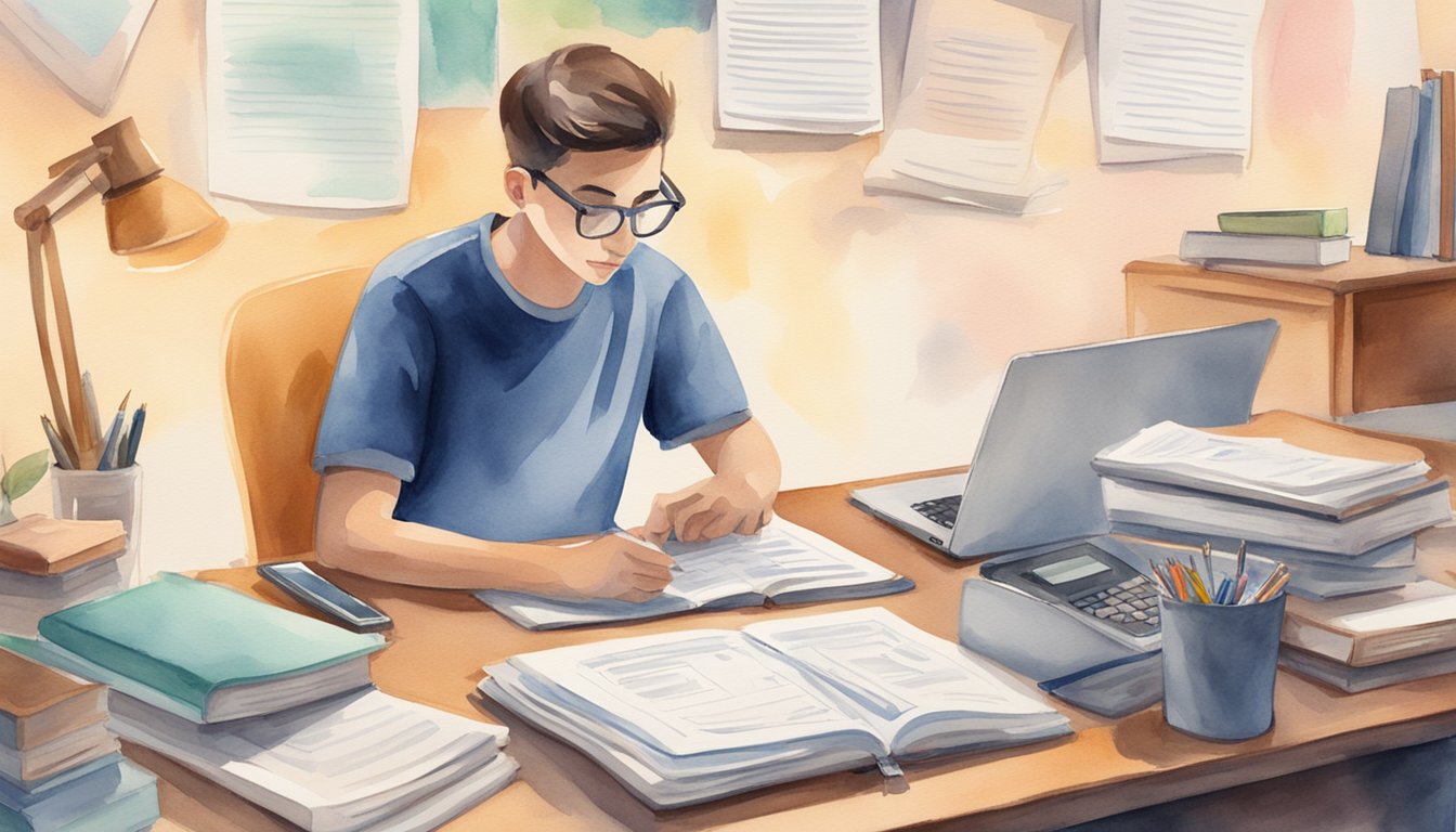 A student sitting at a desk, surrounded by textbooks and a laptop, researching financial aid options.</p><p>A tax form and calculator are on the desk