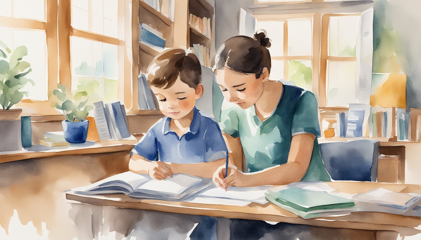 A child sits at a desk with books and papers, while a parent or caregiver offers guidance and support.</p><p>The room is well-lit and organized, creating a calm and focused environment for homework