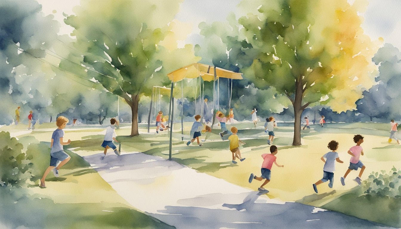 Children playing in a park, taking breaks from homework.</p><p>Some are running, others playing on swings, all enjoying physical activity