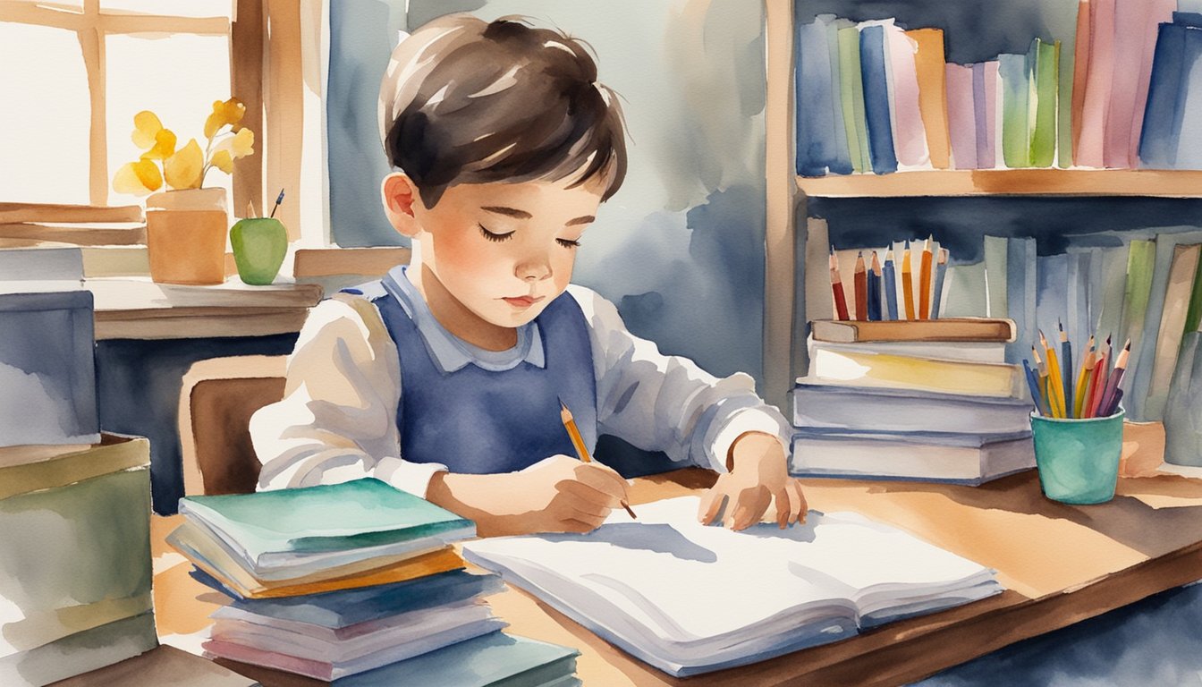 A child sits at a desk, surrounded by books and school supplies.</p><p>They are engrossed in their homework, using different learning tools and strategies to complete their assignments