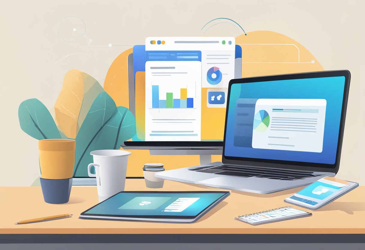 A desk with a laptop, notebook, and pen. A graph showing social media mentions. A logo of "Mention Tracker" displayed on the laptop screen