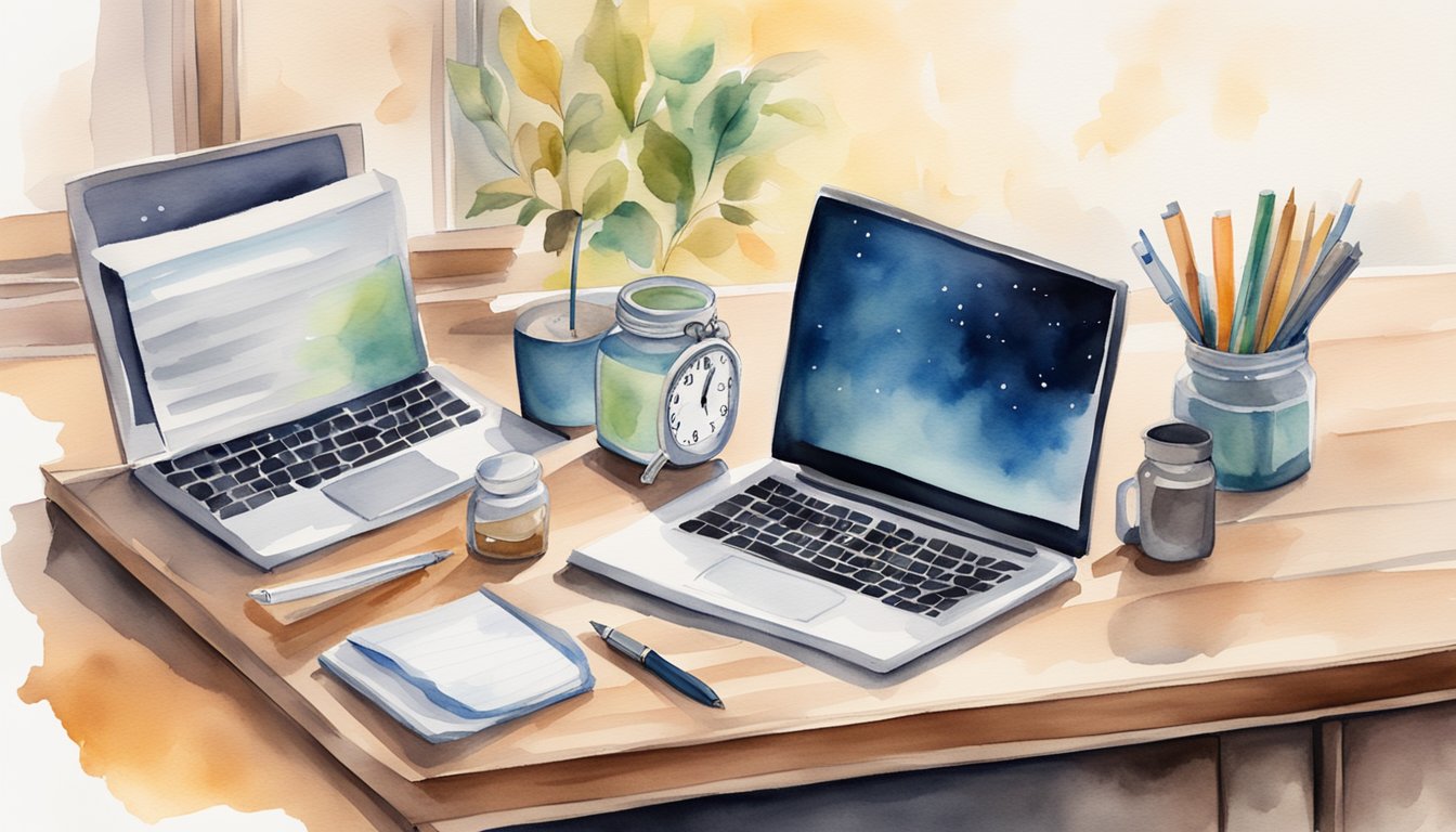 A desk with a laptop, notebook, and pen.</p><p>A resume and a spice jar are placed next to each other.</p><p>A clock on the wall shows 9:00