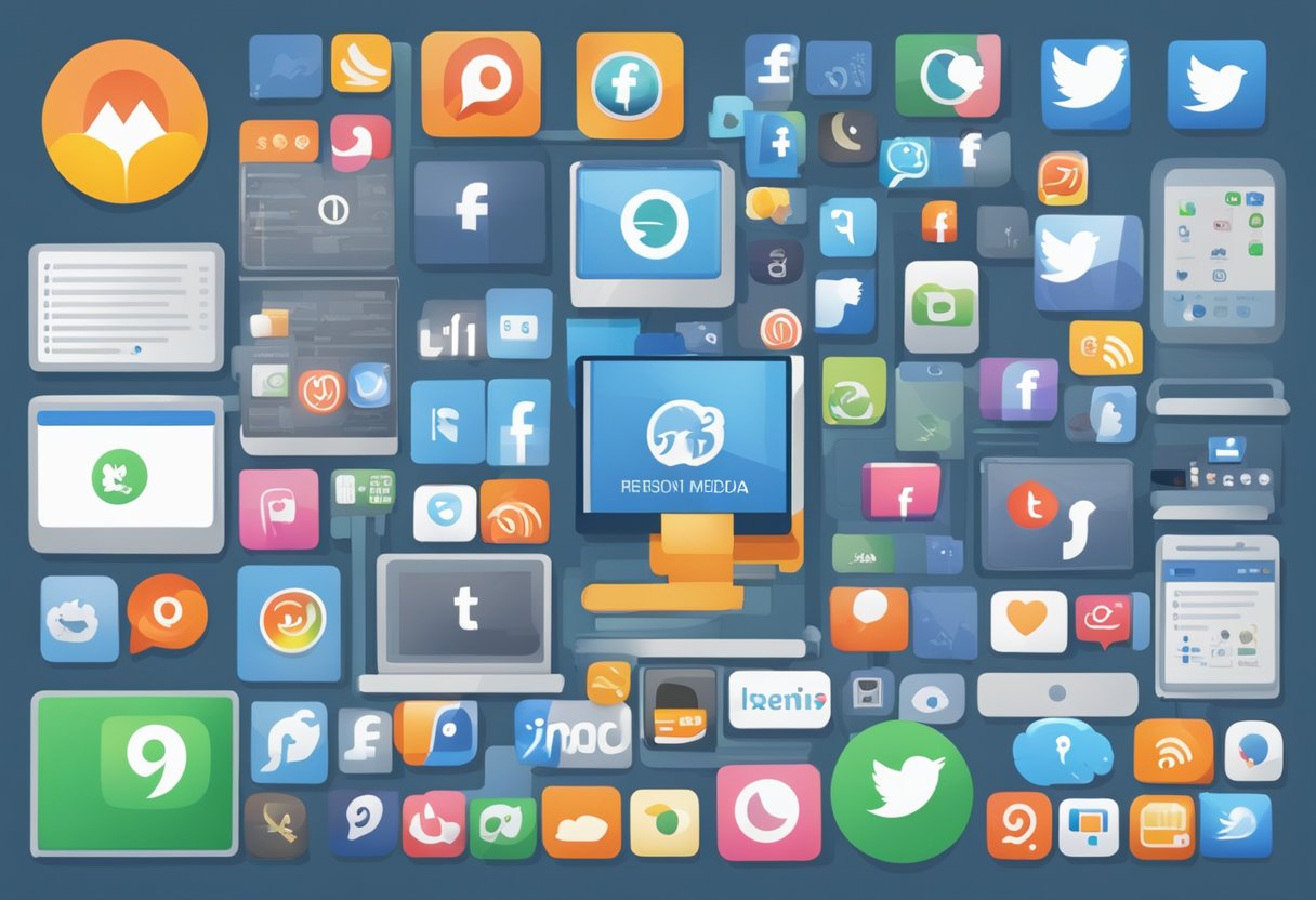 A computer screen displays various social media icons with brand logos and mentions. A graph shows the frequency of product mentions across different platforms