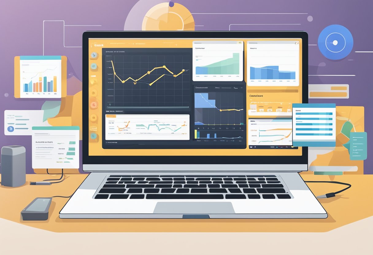 A computer screen displaying a dashboard of product mentions with marketing graphs and charts in the background