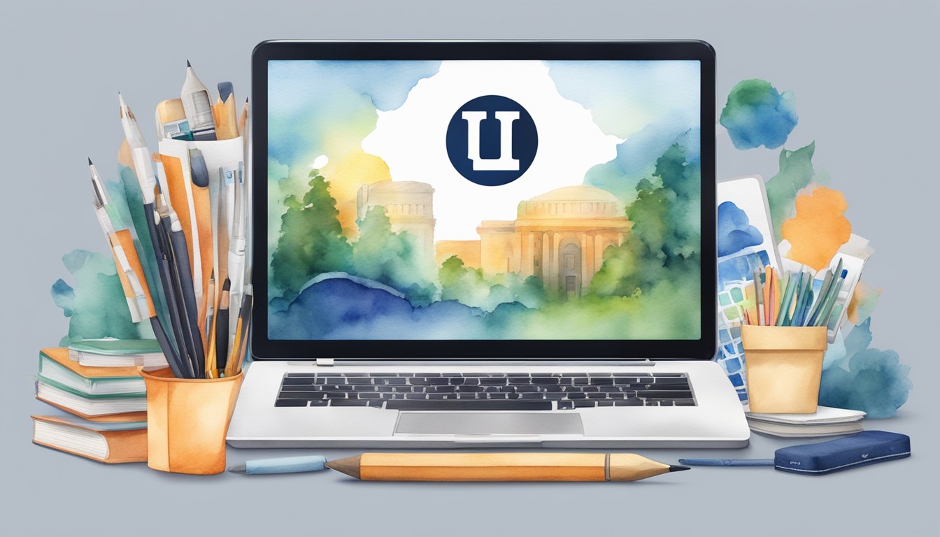 A laptop with the University of Illinois logo displayed on the screen, surrounded by various digital marketing tools and icons