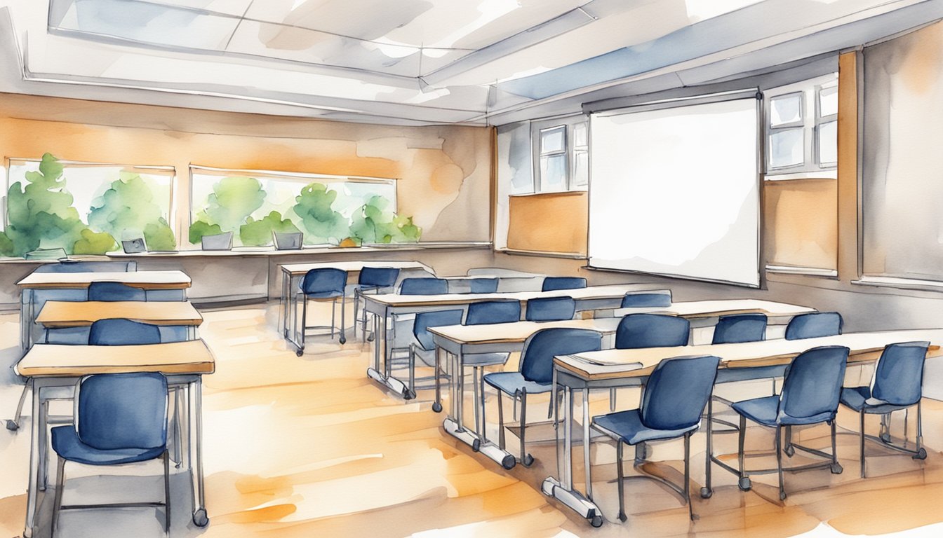 A classroom with a whiteboard and desks, displaying the title "Introduction to Financial Accounting - University of Pennsylvania" with a list of "7 Most Popular Online Business Courses."