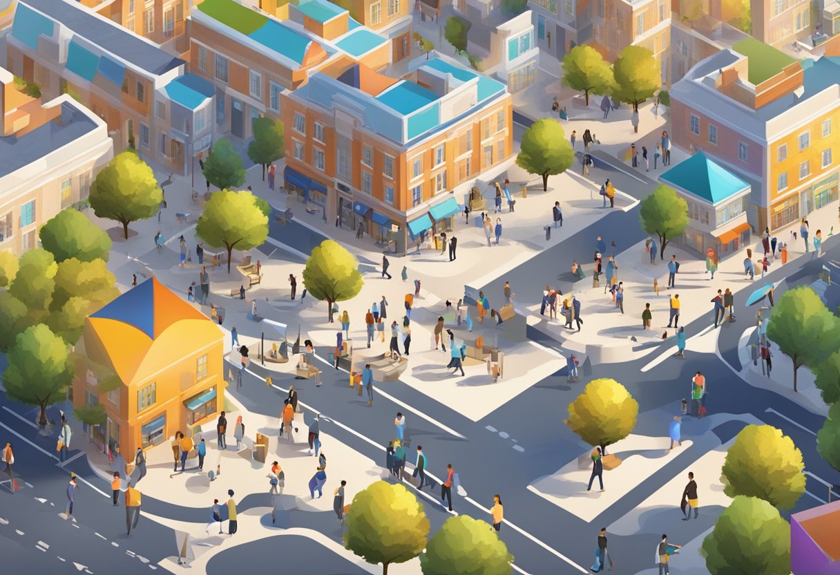 A bustling virtual town square with interactive tools and vibrant discussions, connecting people from diverse backgrounds