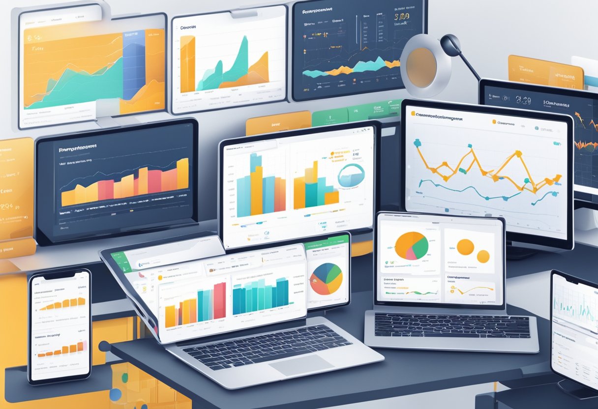 Various screens displaying real-time data and charts, with graphs and metrics showing product performance and user engagement. Notifications and alerts pop up on the dashboard