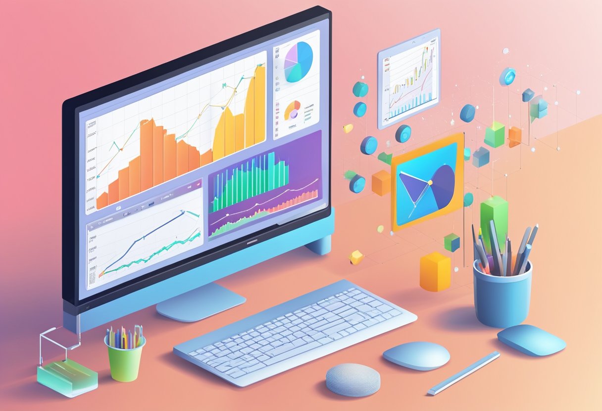 A computer screen displays various product monitoring tools with graphs and data. A mouse cursor hovers over a chart, indicating analysis in progress