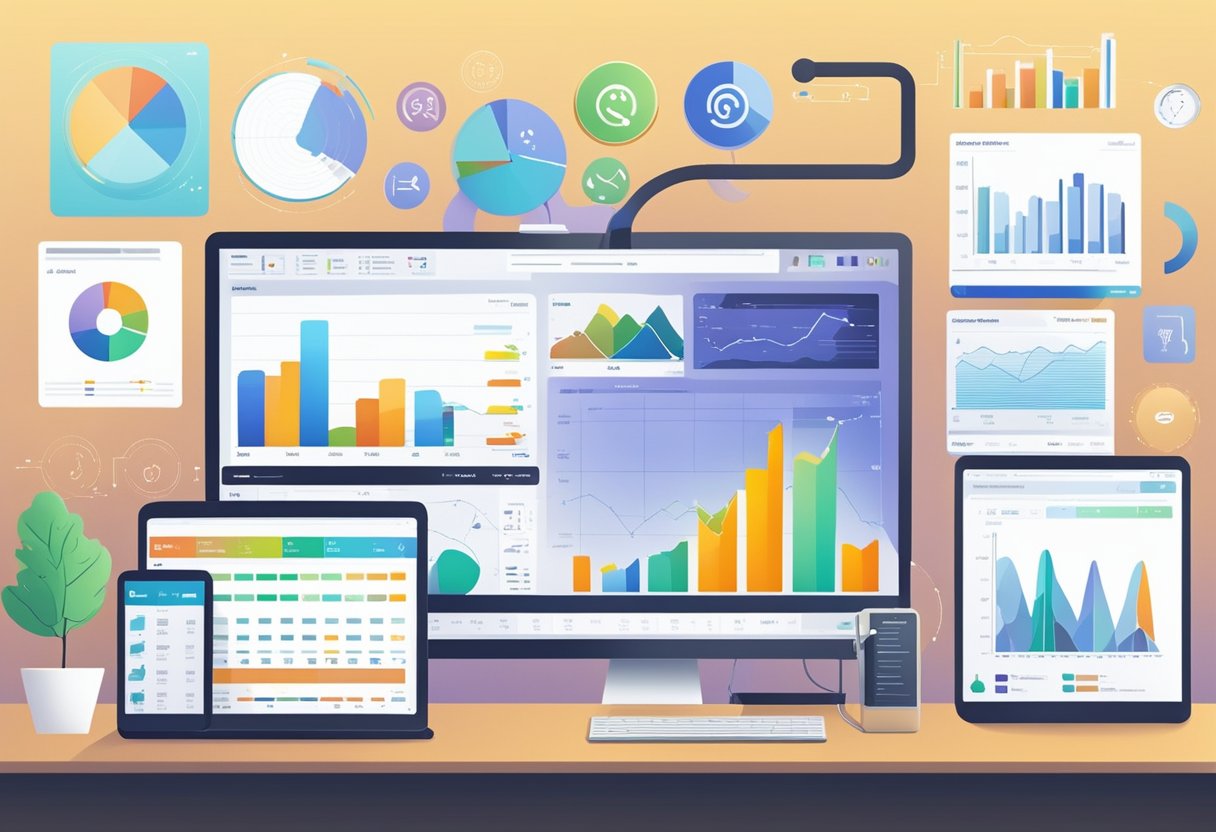 A computer screen displaying various product analytics and monitoring tools. Graphs, charts, and data visualizations are visible on the screen