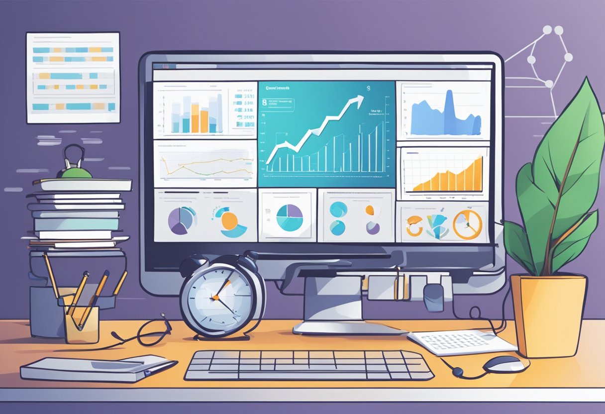 A computer screen displays various graphs and charts representing user behavior analysis and product monitoring tools