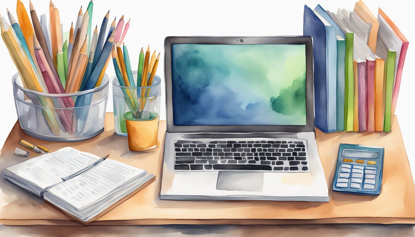 A student's desk with a laptop open to a math tutoring website, surrounded by textbooks and notebooks, with a pen and calculator nearby