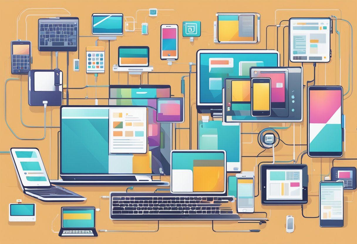 Various digital devices (phones, laptops, tablets) interacting with a central hub, symbolizing automated engagement