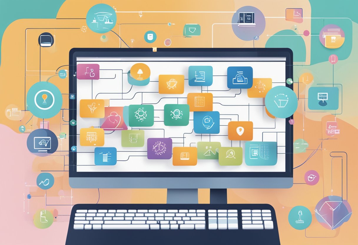 A computer screen displaying a series of interconnected icons and symbols, with lines and arrows representing automated engagement processes