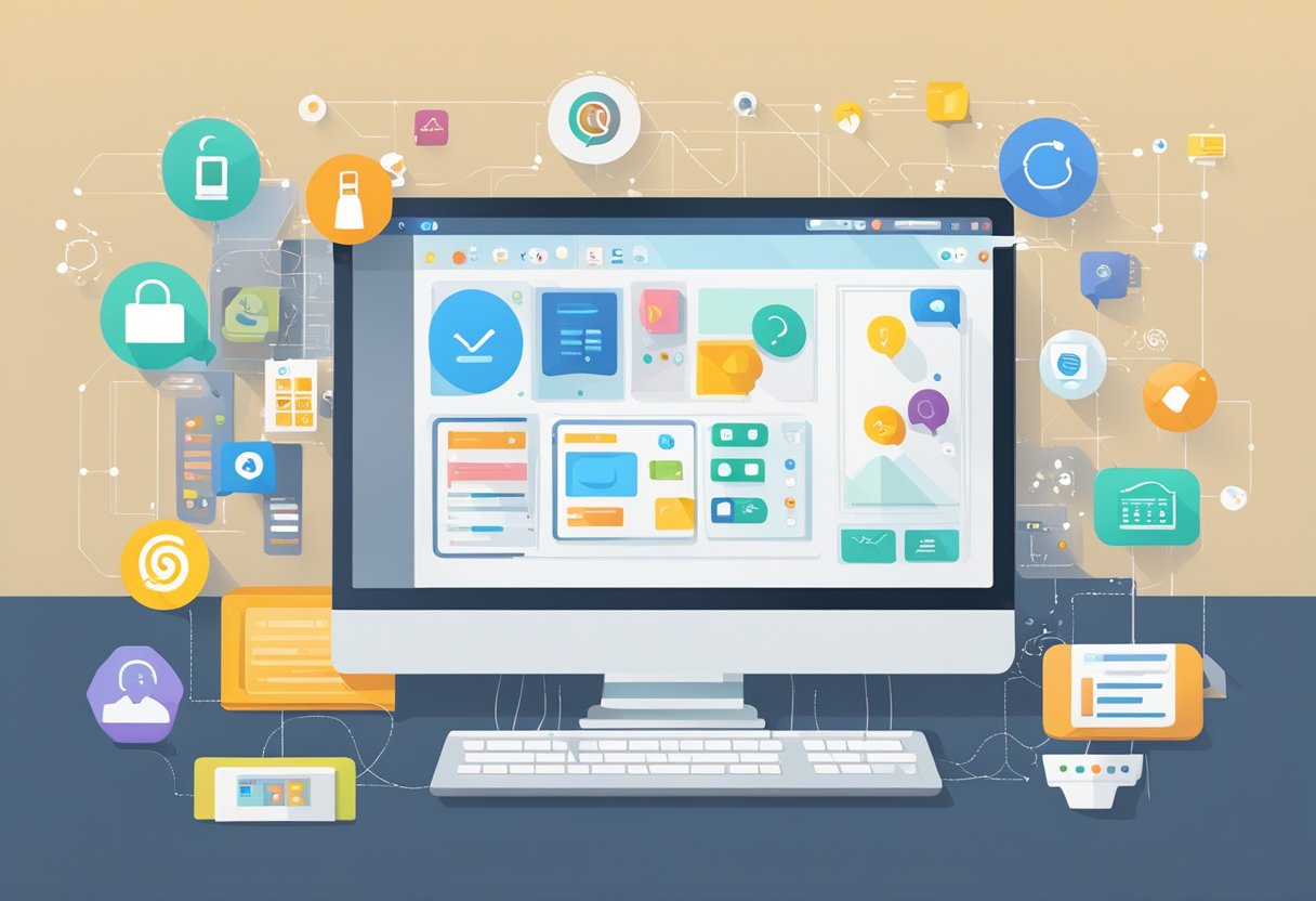 A computer screen displaying various engagement automation tools and features, surrounded by icons representing different communication channels