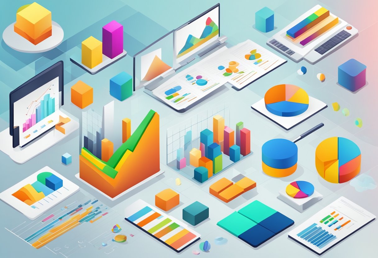 Various products being mentioned in data charts and graphs, with colorful visual representations and statistical analysis