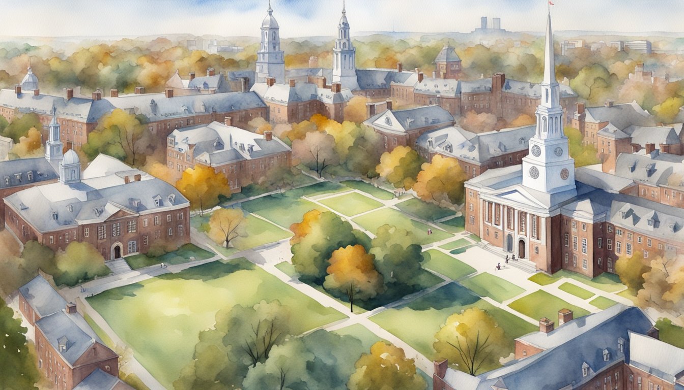 Aerial view of Harvard University surrounded by 7 online college logos with strong alumni networks