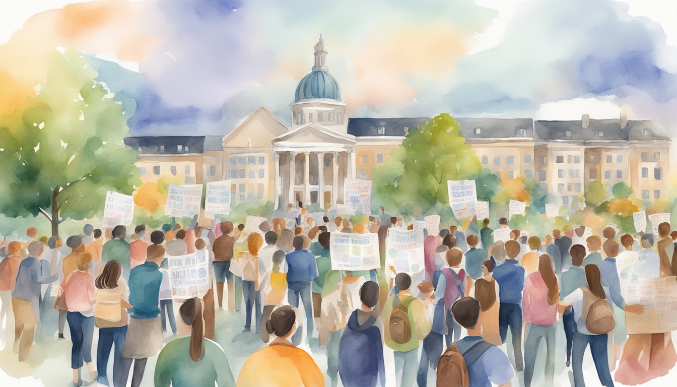 Students campaigning with posters, flyers, and banners.</p><p>Engaging in debates, organizing events, and meeting with peers.</p><p>Campus buildings and landmarks in the background