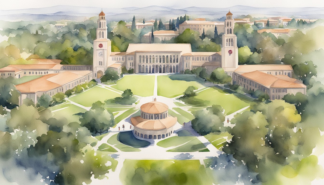 The Stanford University campus with iconic engineering buildings and online degree program logos displayed