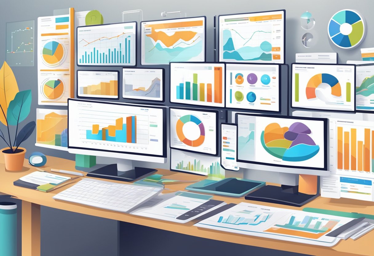 Various screens display real-time analytics data for product mentions. Graphs, charts, and dashboards show key tools and technologies in use for monitoring mentions