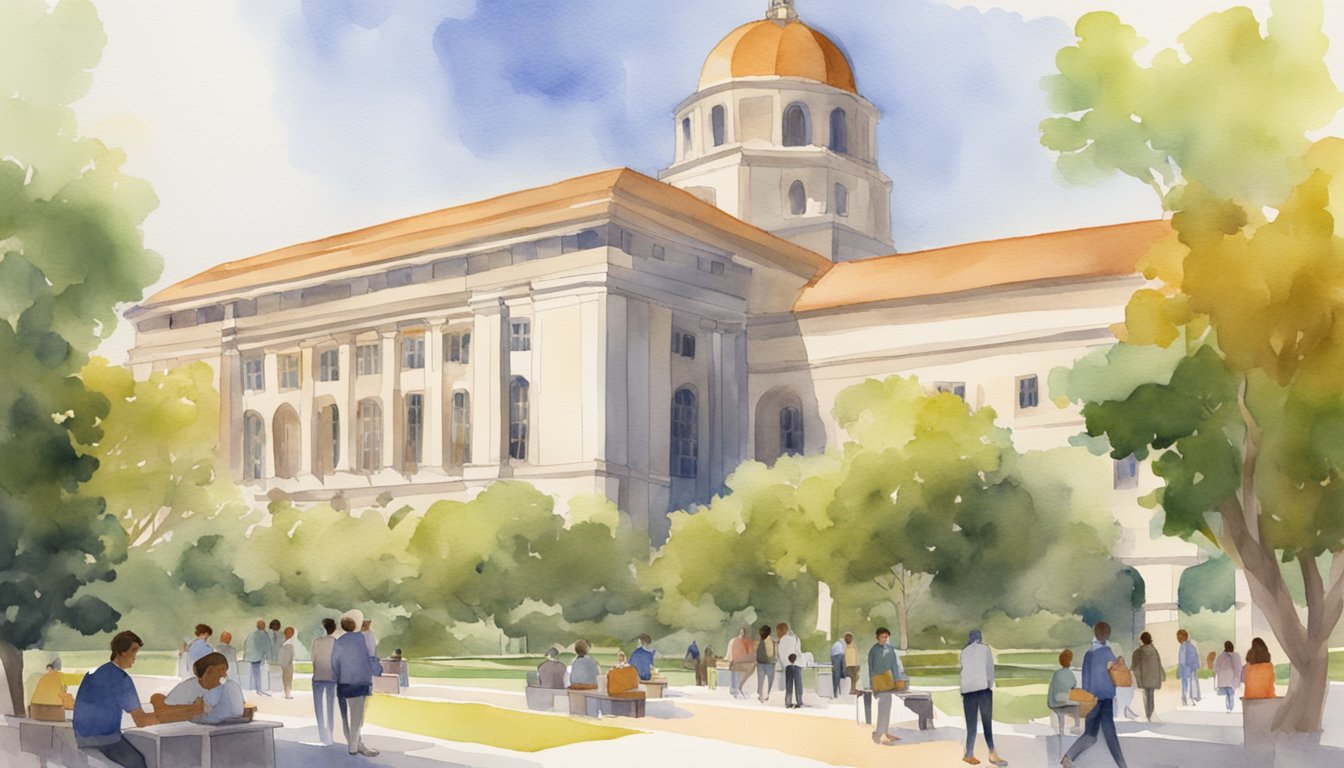 A bustling campus with students studying, labs conducting experiments, and professors teaching.</p><p>The iconic Caltech architecture is visible in the background