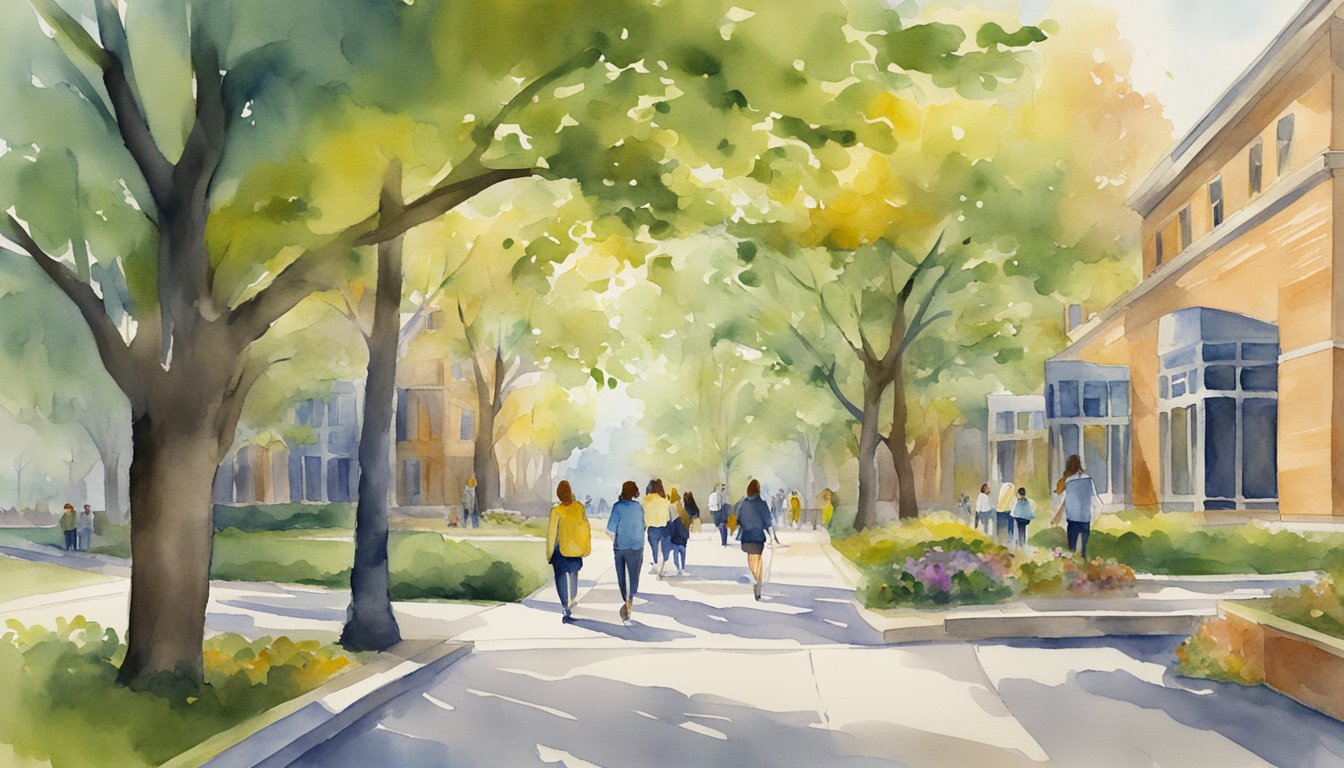 A group of seven online colleges affiliated with the University of Michigan, each with a strong alumni network, are depicted in a vibrant and dynamic scene