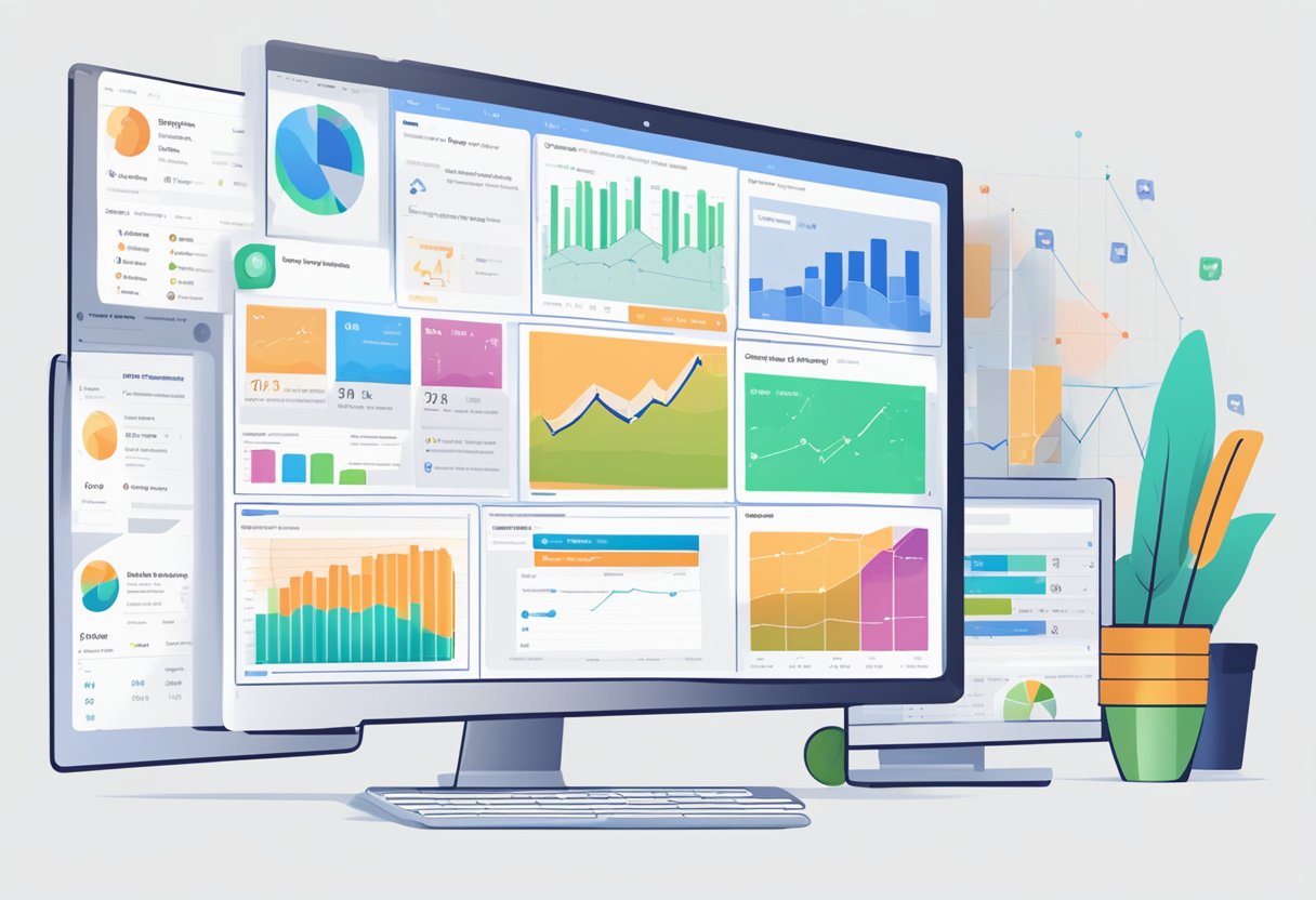 Reddit tracking: A computer screen with multiple tabs open, showing user profiles, posts, and comments. Data charts and graphs display user activity and engagement