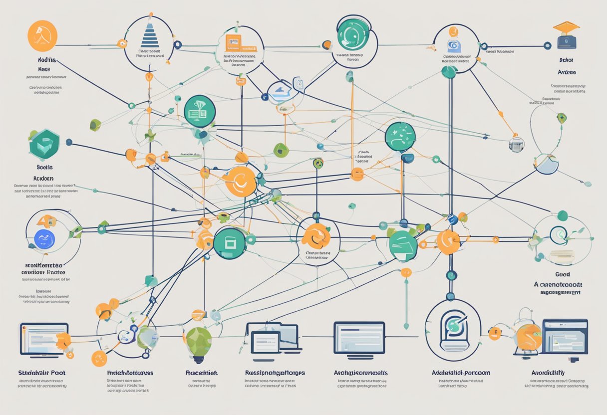 Reddit tracking: A web of interconnected arrows points to various subreddits, showing the flow of user activity and engagement. Data nodes and metrics surround the arrows, indicating the tracking process