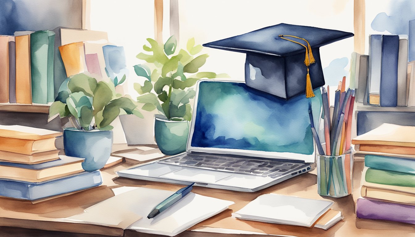 A laptop open on a desk, surrounded by books and papers.</p><p>A graduation cap sits on the corner, symbolizing success in online degree programs