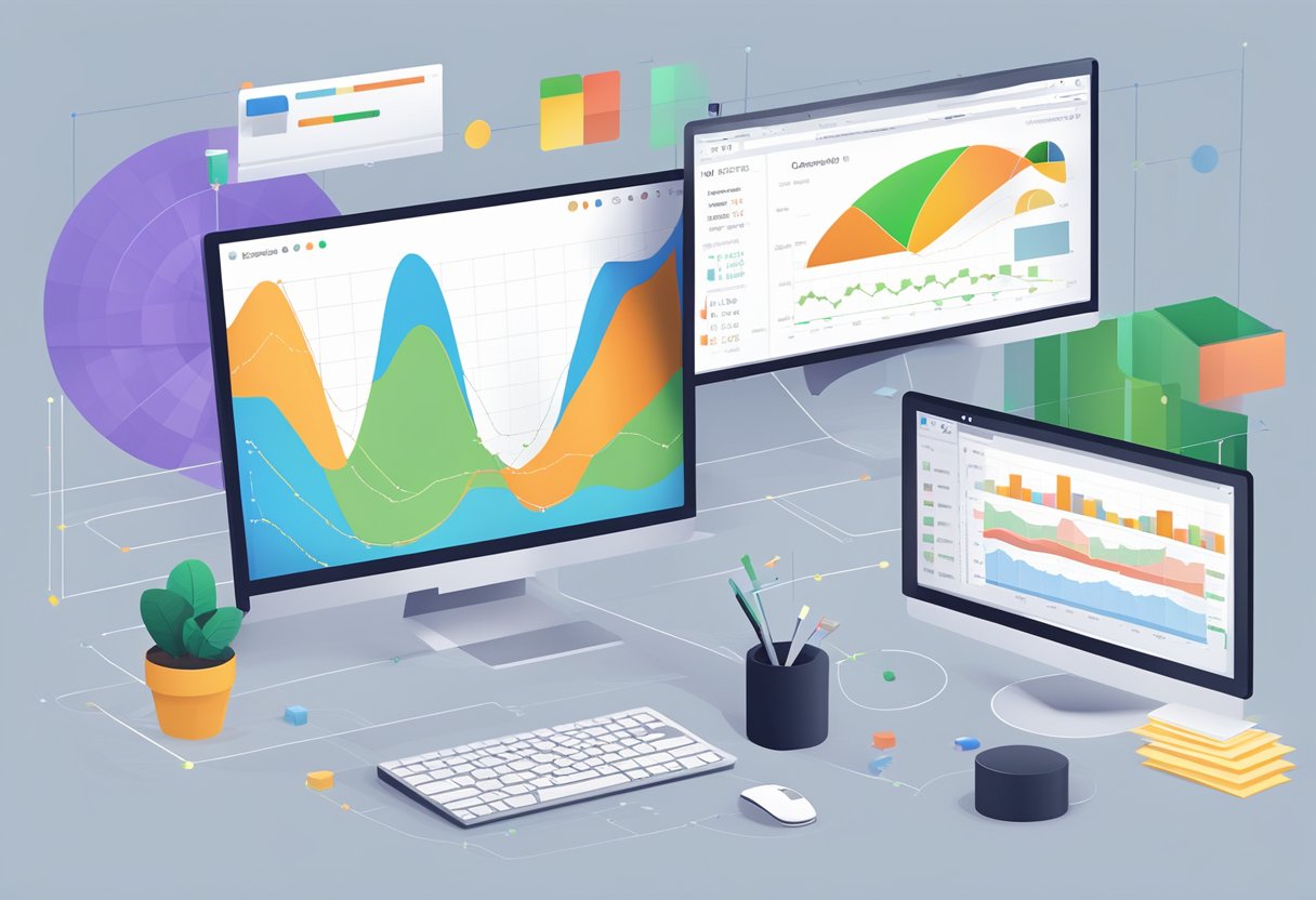 Reddit tracking: A computer screen displays user activity with colorful graphs and charts, while a mouse cursor hovers over data points