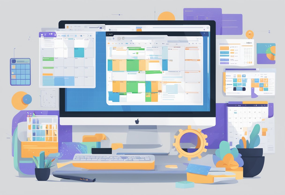 A computer screen with Reddit interface open, surrounded by automation tools and a schedule calendar