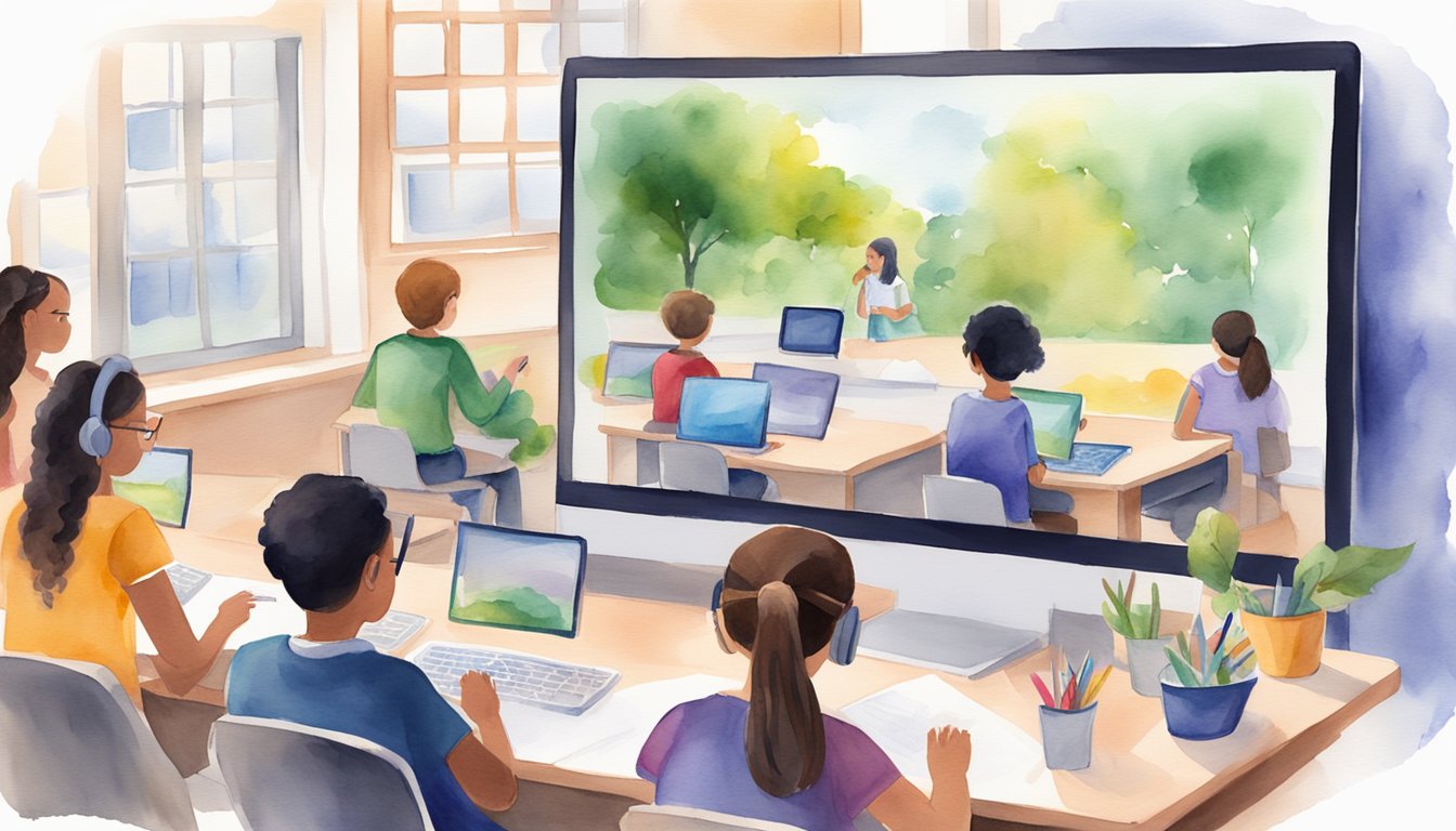 A computer screen displays a virtual classroom with multiple students participating in live online homeschool programs.</p><p>The teacher leads the class from a digital platform