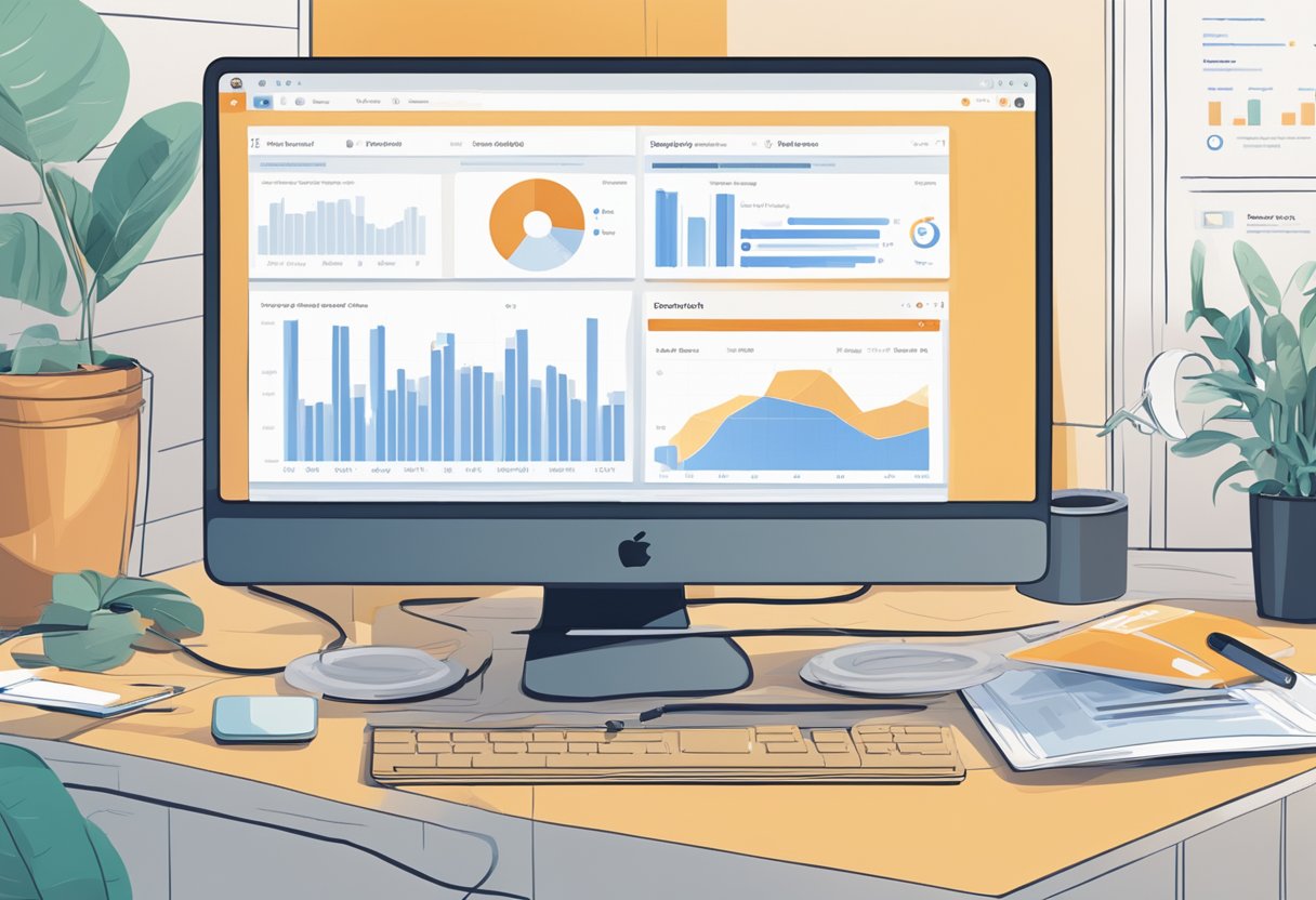 A computer screen displaying a Reddit page with a scheduled posting tool open, surrounded by social media analytics charts and graphs