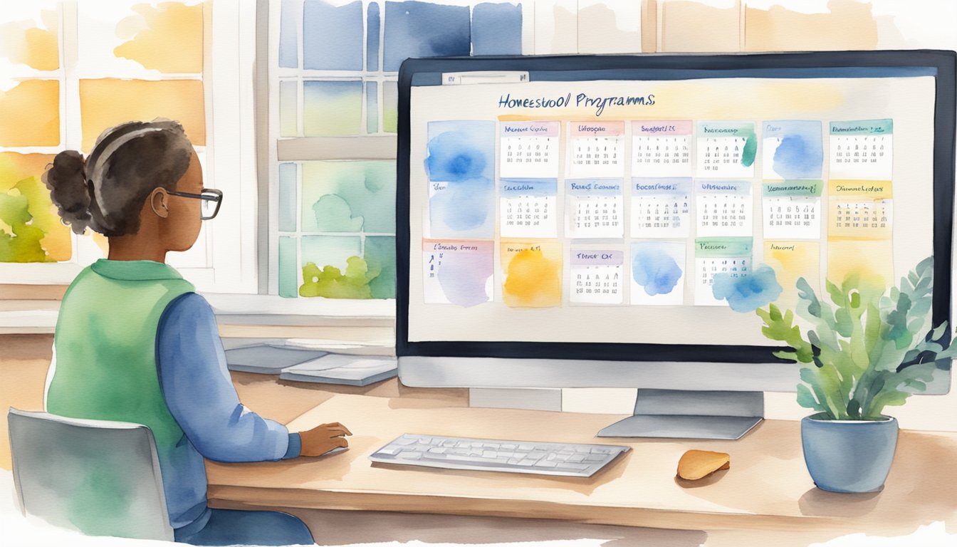 A computer screen displaying 7 online homeschool programs with live classes.</p><p>A calendar with dates and times.</p><p>A parent and child discussing options