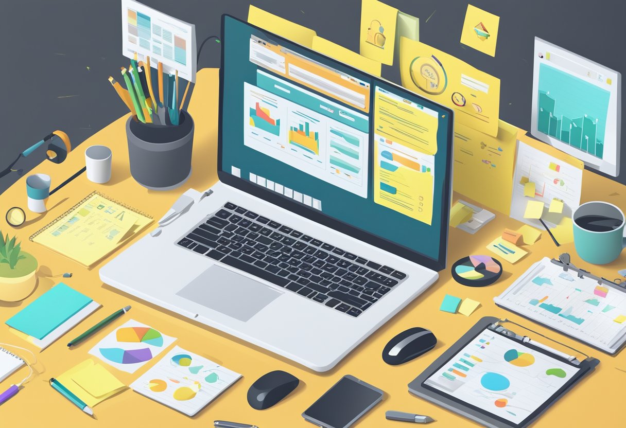 A computer screen displaying various SEO tools, with a keyboard and mouse nearby. Post-it notes with keywords and analytics data scattered on the desk