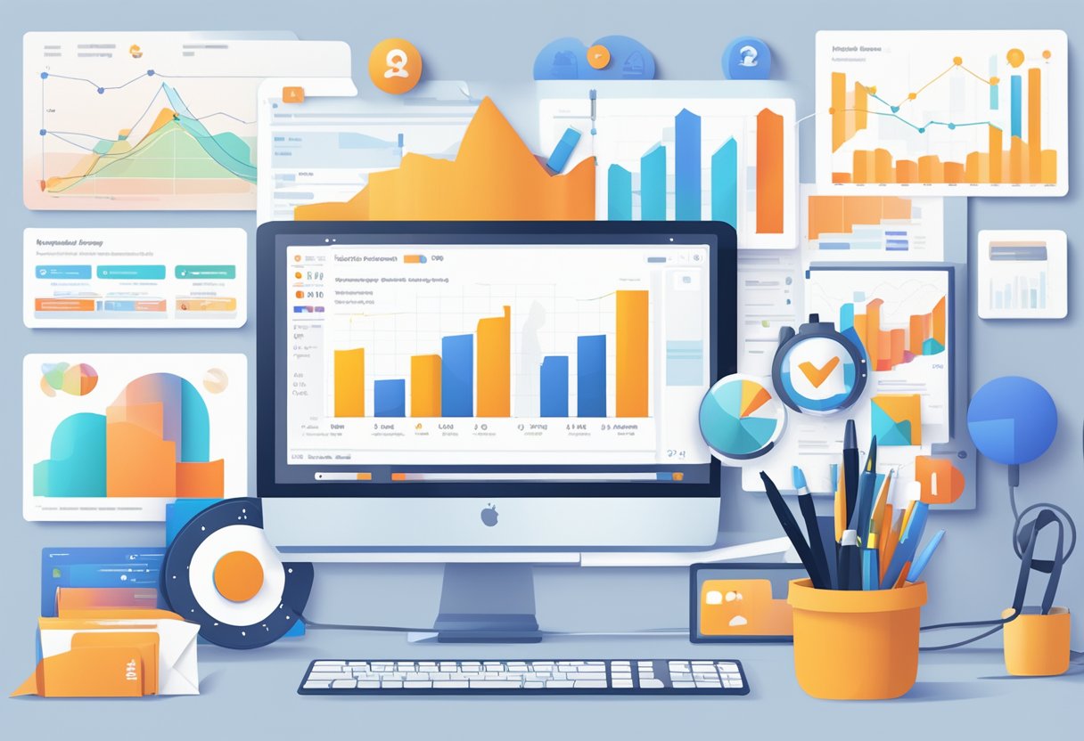 A computer screen displaying Reddit Ads dashboard with SEO tools open, surrounded by data charts and graphs