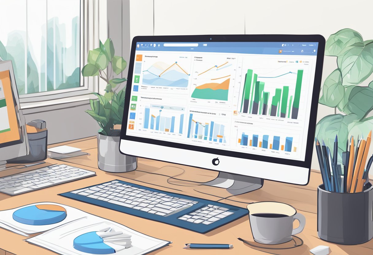 A computer screen displaying a Reddit SEO tools dashboard with graphs, charts, and data analysis. A desk with a notepad and pen, indicating research and strategy