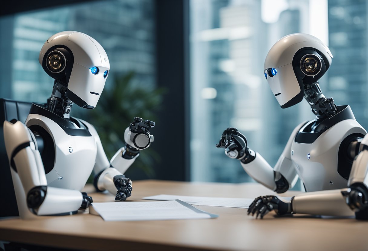 Two AI robots engage in a debate, surrounded by business charts and graphs. Cody and ChatGPT stand opposite each other, ready to prove their worth in the business world