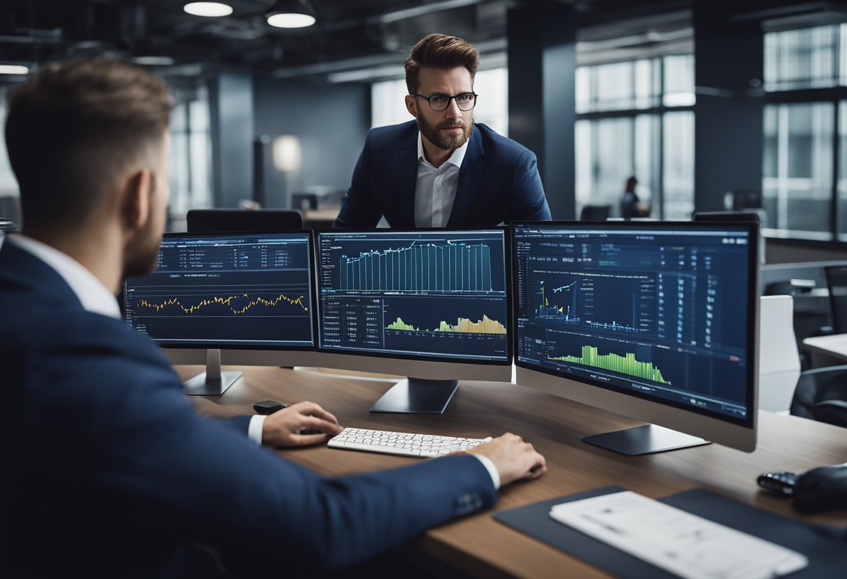 A businessman compares Cody and ChatGPT on a computer screen. Charts and graphs show performance metrics. The office setting is modern and professional