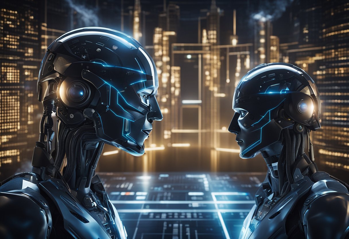 The scene depicts two AI entities, Cody and ChatGPT, facing off in a digital arena. Charts and graphs representing cost and ROI hover above them, while a spotlight shines on each AI