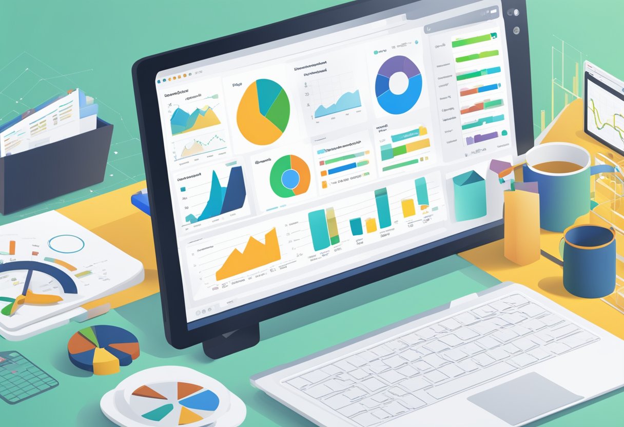 An open laptop displaying a dashboard of advanced analytics tools, with graphs and charts showing product mentions and relevant threads