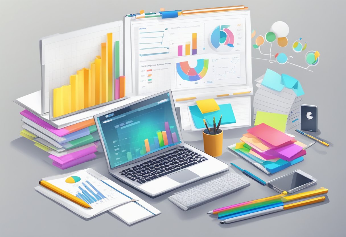 A table with a laptop, notebook, and pen. A graph showing social media analytics. A stack of industry magazines. A brainstorming session with sticky notes on a whiteboard