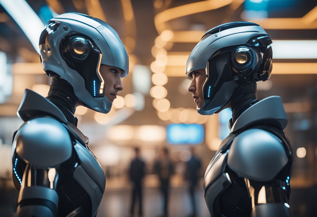 Two AI characters, Cody and ChatGPT, face off in a digital arena, showcasing their diverse content generation abilities for businesses