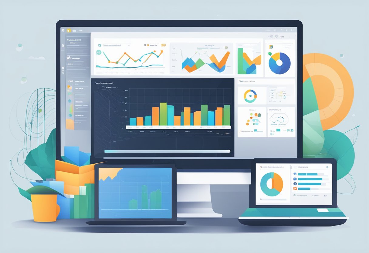 A computer screen shows a brand's logo with multiple feedback threads and product mentions. Graphs and charts display growth trends