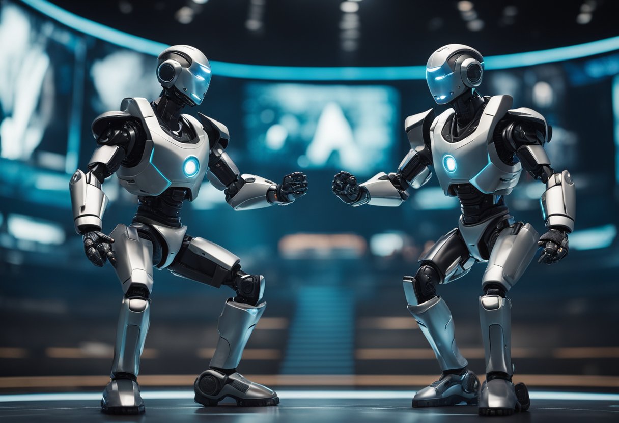 Two powerful AI entities, Cody and ChatGPT, face off in a digital arena, their virtual presence emanating a sense of competition and technological prowess