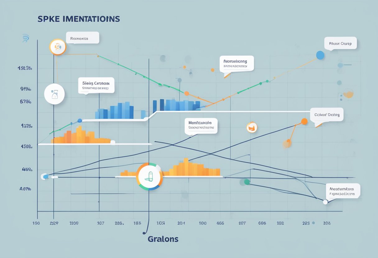 A graph showing a spike in product mentions over time, with arrows pointing to relevant threads for analysis