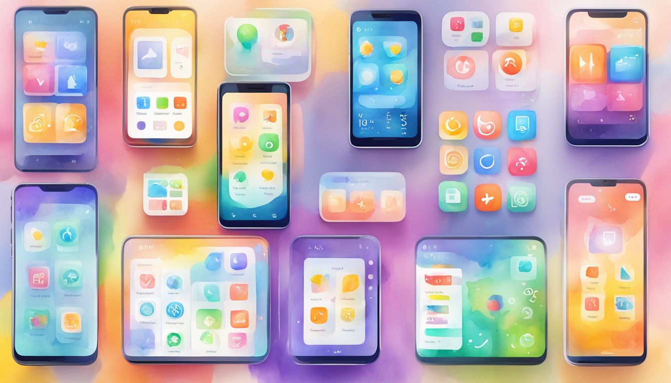 A colorful smartphone screen displays 6 language learning app icons.</p><p>Each app is labeled with its name and a brief description, surrounded by vibrant graphics and symbols